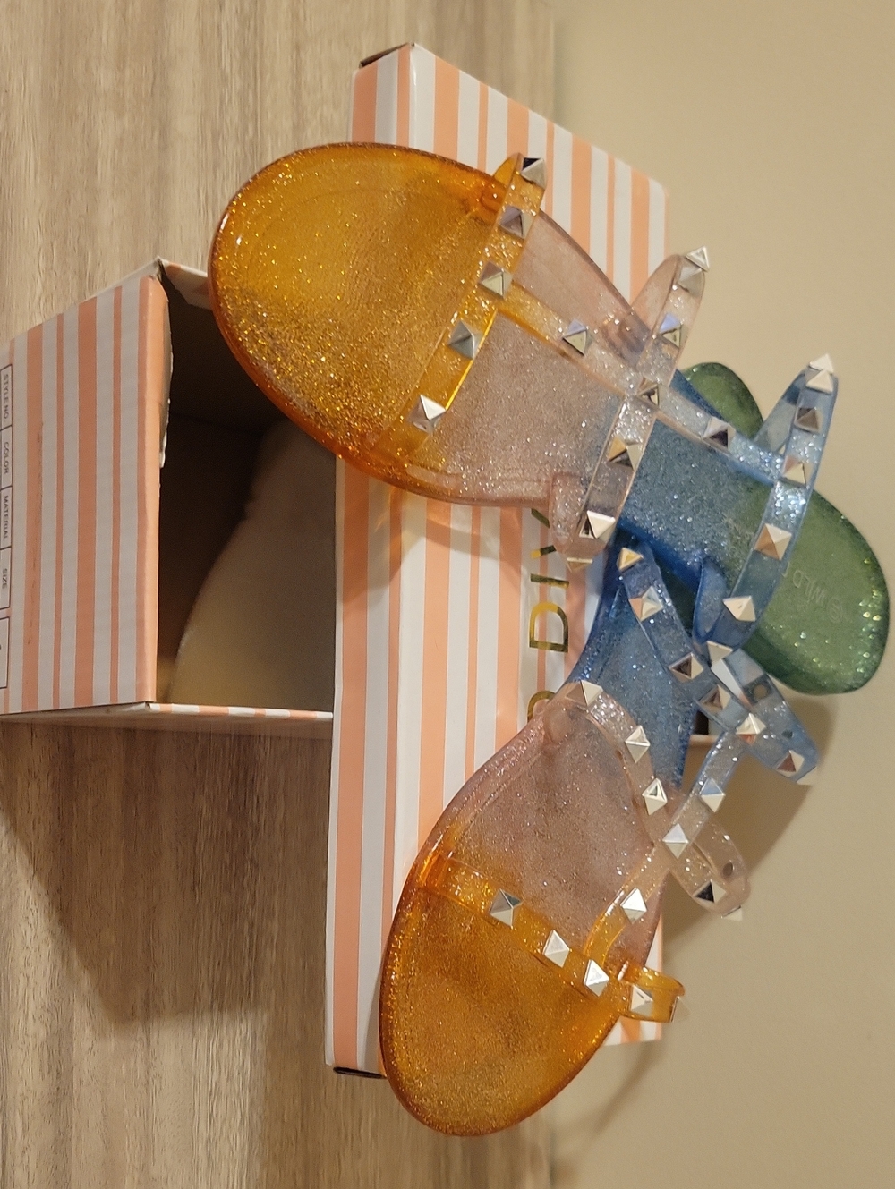 Wild Diva Glitter Jelly Sandals in Orange,Pink Blue, and Green with Silver Studs